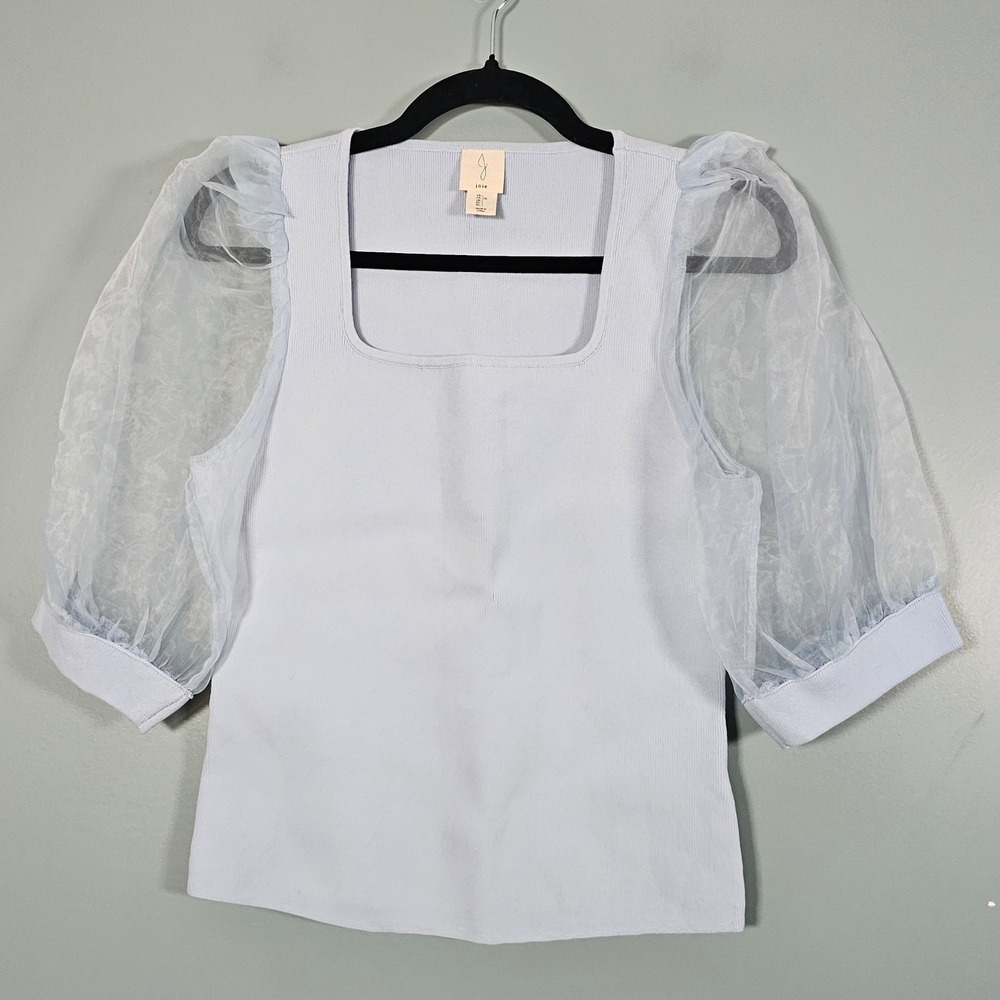 NWOT Joie Light Blue Square Neck‎ Puff Sleeve Ribbed Knit Top Women's Size L